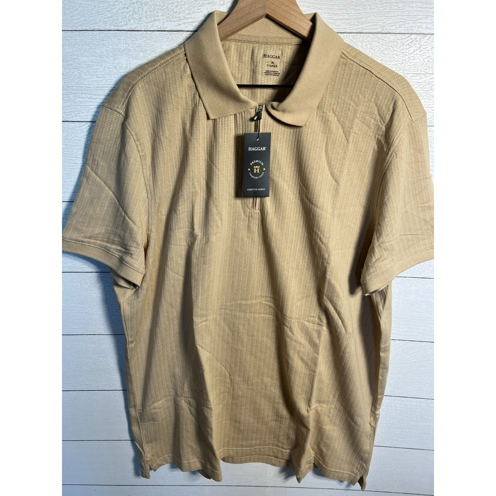 Haggar NEW Premium Comfort Quarter Zip Polo Shirt Mens XL Tan Textured Stretch